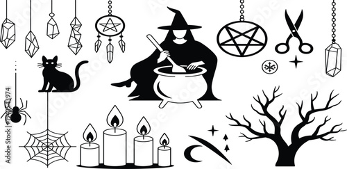 Black Silhouettes of Witchcraft and Halloween Symbols cauldron pentagram
