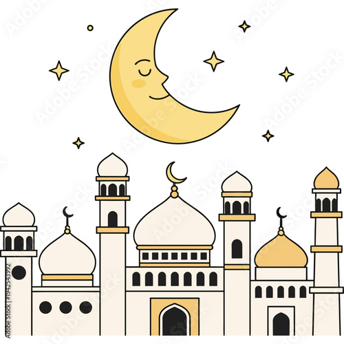 Celestial Mosque: An illustration of a serene mosque, under a tranquil crescent moon, celebrating the spirit of peace and faith. 