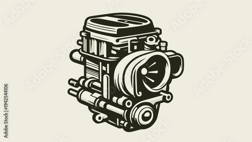 Detailed Car Engine Turbocharger Vector Illustration in Vintage Automotive Mascot and Badge Style