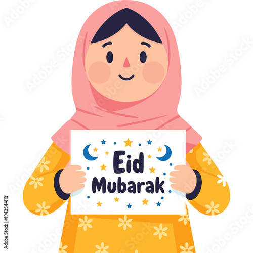 Eid Mubarak Illustration: An illustrated young girl, adorned in a hijab, joyfully holds a sign of Eid Mubarak, symbolizing goodwill and cultural celebration. 