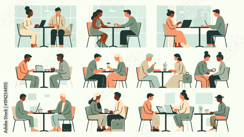 Set of People Sitting in Cafe Drinking Coffee, Working on Laptops, and Having Meetings in Modern Flat Vector Style