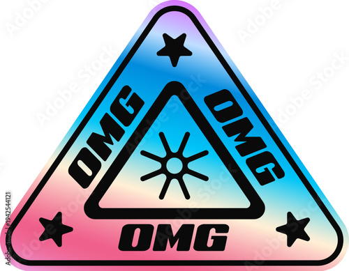 OMG hologram vintage Y2K sticker or symbol. Gradient chrome foil Y2K sticker, glossy hologram retro vector tag. Metallic color iridescent patch or label with oh my God exclamation abbreviation
