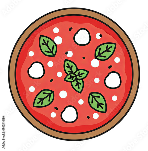 Colorful illustration of a round pizza, with tomato sauce, cheese, and basil leaves