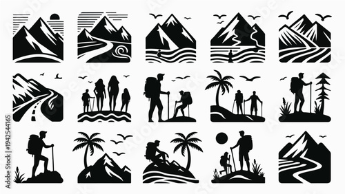Mountain Hiking and Adventure Silhouette Icon Set with Trekking, Nature Landscapes, and Outdoor Explorer Scenes