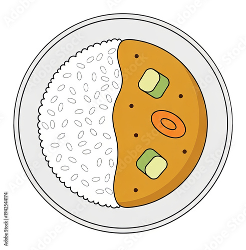 Simple graphic of Japanese curry and rice on a white plate, served in a classic presentation