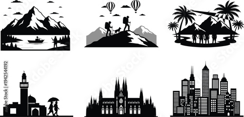 Black and white travel vector illustration set featuring mountain landscapes hiking silhouettes city skylines famous landmarks and nature outdoor adventure icons.