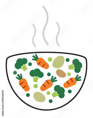 Illustration of a bowl filled with steaming soup and mixed vegetables