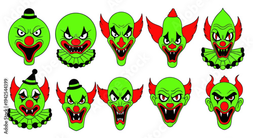Scary Clown Faces Set - Evil Grinning Characters with Green Skin