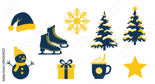 Winter Holiday Icons: Snowman, Ice Skates, Christmas Trees, Gift, Snowflakes, Star