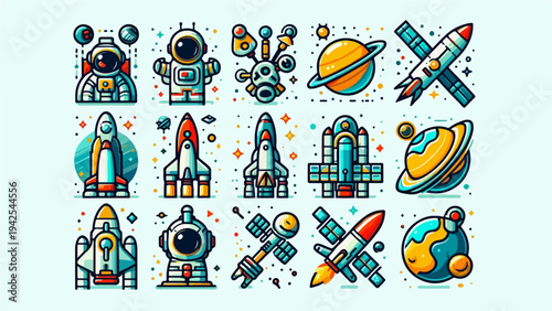 Set of colorful space exploration icons featuring astronauts, rockets, satellites, and planets in a modern flat design style.
