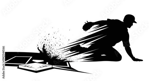 Baseball player sliding into base silhouette, dynamic action illustration