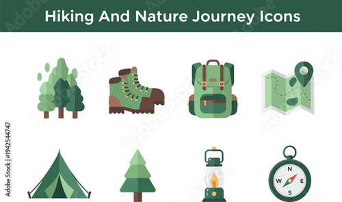 Set of Flat Icons Representing Hiking and Nature Journey Elements for Outdoor Adventures and Exploration