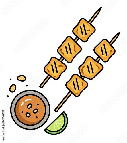 Animated illustration of grilled tofu skewers with dipping sauce and lime wedge
