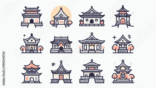 Asian Temple Architecture Icons – Traditional Chinese and Japanese Temple Illustration Set.