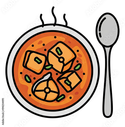 Cartoon illustration of a bowl of curry with tofu and a spoon on a black background