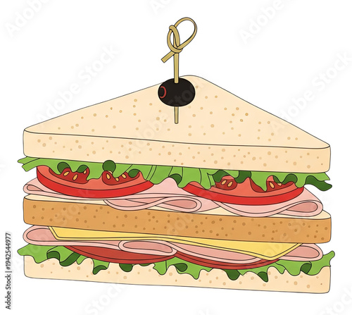 Illustrated club sandwich with a toothpick, olives, layers of fillings, and bread