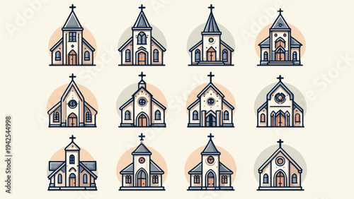 Christian Church Icon Set – Traditional Chapel and Cathedral Buildings in Minimalist Flat Line Illustration Style.