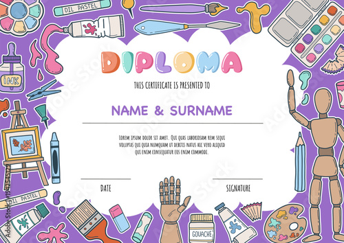 Colorful school art class diploma for kids in primary grades with paint, crayon, brushes doodle elements on purple background. Vector cute artist award certificate illustration