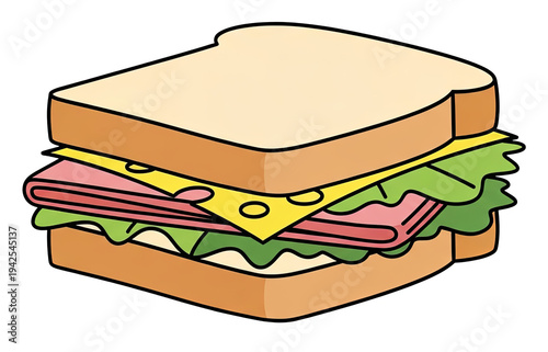 Cartoonish sandwich on a black background, with layers of ham, cheese, and lettuce