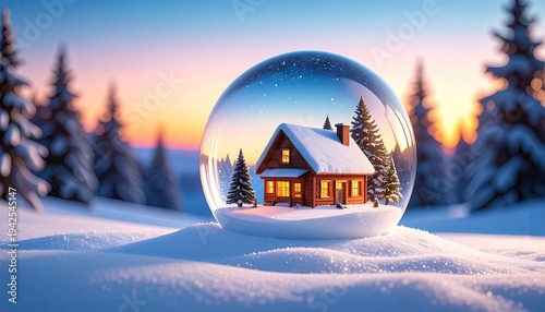 A winter wonderland, cabin encased in a snow globe, snowy landscape