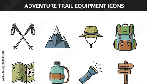 Collection of adventure and outdoor equipment icons for travel and exploration