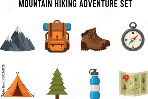 Collection of outdoor adventure and mountain hiking equipment, including tent, backpack, boots, compass, tree, water bottle, map, and mountain