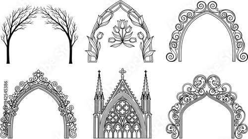 Decorative Gothic arch set with floral elements, vintage filigree frames, cathedral architecture silhouettes, tree branch portals, and ornate Victorian style borders.