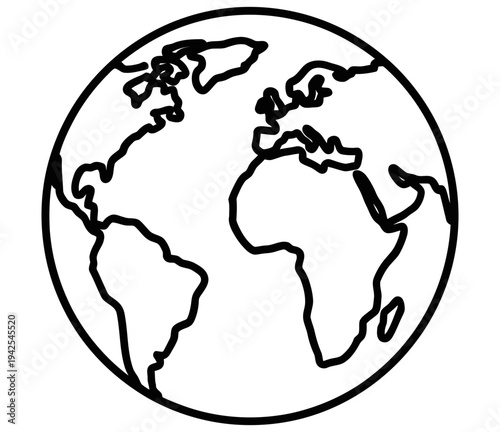 Simple black and white illustration of the earth with a focus on major continents and a minimalist style