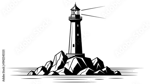 Simple black and white illustration of a lighthouse standing tall on rocky shoreline with light beams guiding through the darkness symbolizing hope and navigation safety