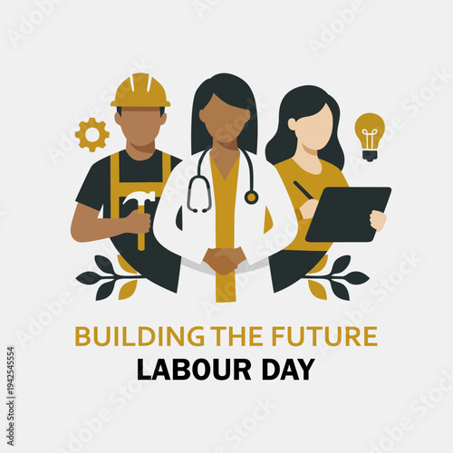 International Labour Day concept with diverse professional workers such as engineer, doctor, and businesswoman. Flat vector illustration symbolizing workforce unity and future development.