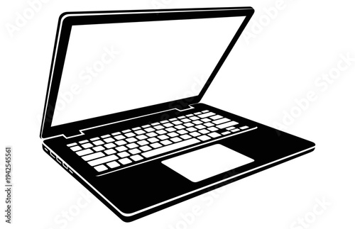 Simple black and white illustration of an open laptop with keyboard and touchpad on a plain white background