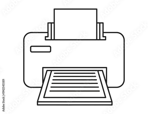 Simple black and white printer icon with paper tray and output tray open on a white background