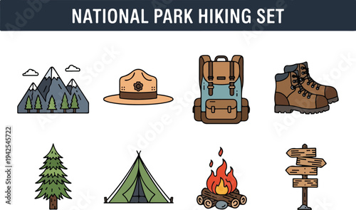 National Park Hiking Set of Illustrations Mountains, Hat, Backpack, Boots, Tent, Fire, and Signpost