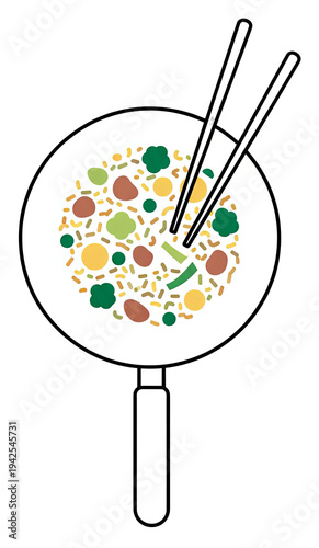 Top-down view of a plate of stir-fry with chopsticks. Colorful food illustration