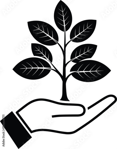 Human hand holding a growing green plant sapling with leaves icon symbol for environmental conservation sustainability life and organic growth
