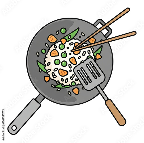 An illustration shows fried rice with vegetables in a wok with chopsticks and a spatula