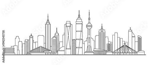 Modern city skyline with sleek skyscrapers and prominent landmarks illustrated in a minimalist black outline style on transparent background