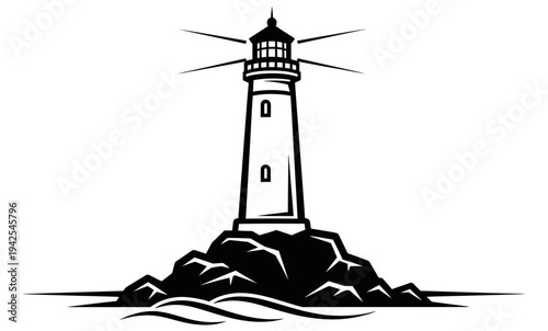 Isolated lighthouse standing tall on a rocky shore with waves crashing against its foundation symbolizing guidance and navigation in the dark with a simple elegant design.