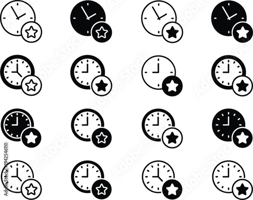 Clock and time management icon set with star badge in solid and outline styles, representing appointment scheduling, deadline reminder, productivity, and favorite time tracking