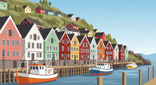 Vibrant vector illustration of a colorful waterfront village with boats docked at the pier, a scenic coastal town landscape