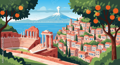 Beautiful vector illustration of a coastal Italian town with ancient ruins and a distant volcano under a clear blue sky, a scene of travel and history