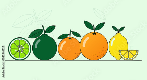 Set of fresh citrus fruits, lime, orange, and lemon vector illustration, a healthy and vibrant collection