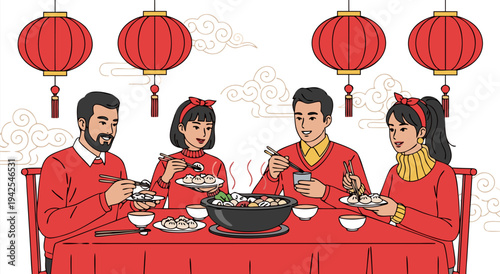Vector illustration of a happy family enjoying a festive Chinese New Year dinner together around a table with lanterns