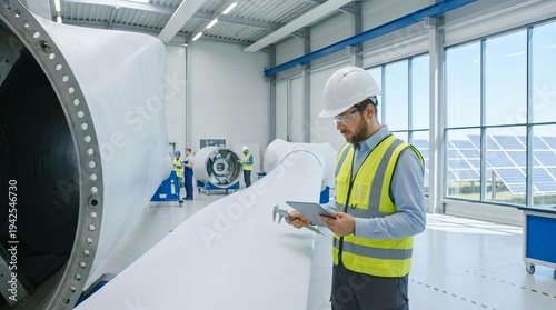 Engineer Inspecting Wind Turbine Blade in Modern Facility