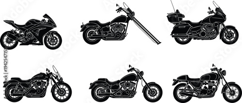 Set of black motorcycle silhouettes featuring sportbike chopper touring cruiser cafe racer and classic motorbikes isolated on a white background