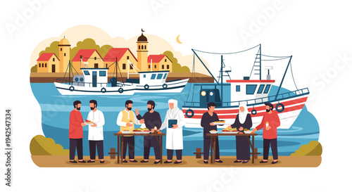 Diverse group of people standing by the sea, boats and buildings in background, sunny day, teamwork concept