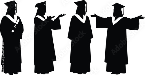 Set of graduation student silhouettes wearing academic caps and gowns holding diplomas and gesturing in celebration for university commencement ceremony designs.