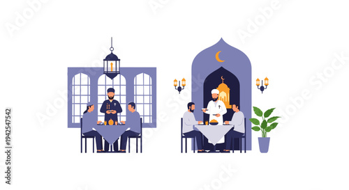 People eating at tables in restaurant during ramadan, iftar, suhoor, breaking fast, muslim community, food, meal, dining, interior, architecture