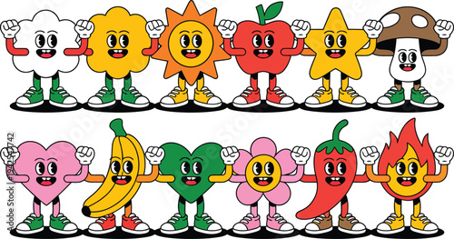 Colorful cartoon fruits and objects with smiling faces and raised fists in sneakers standing together