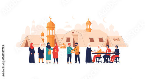 Diverse group of people standing and sitting in front of a mosque, Islamic architecture in the background, cultural gathering.